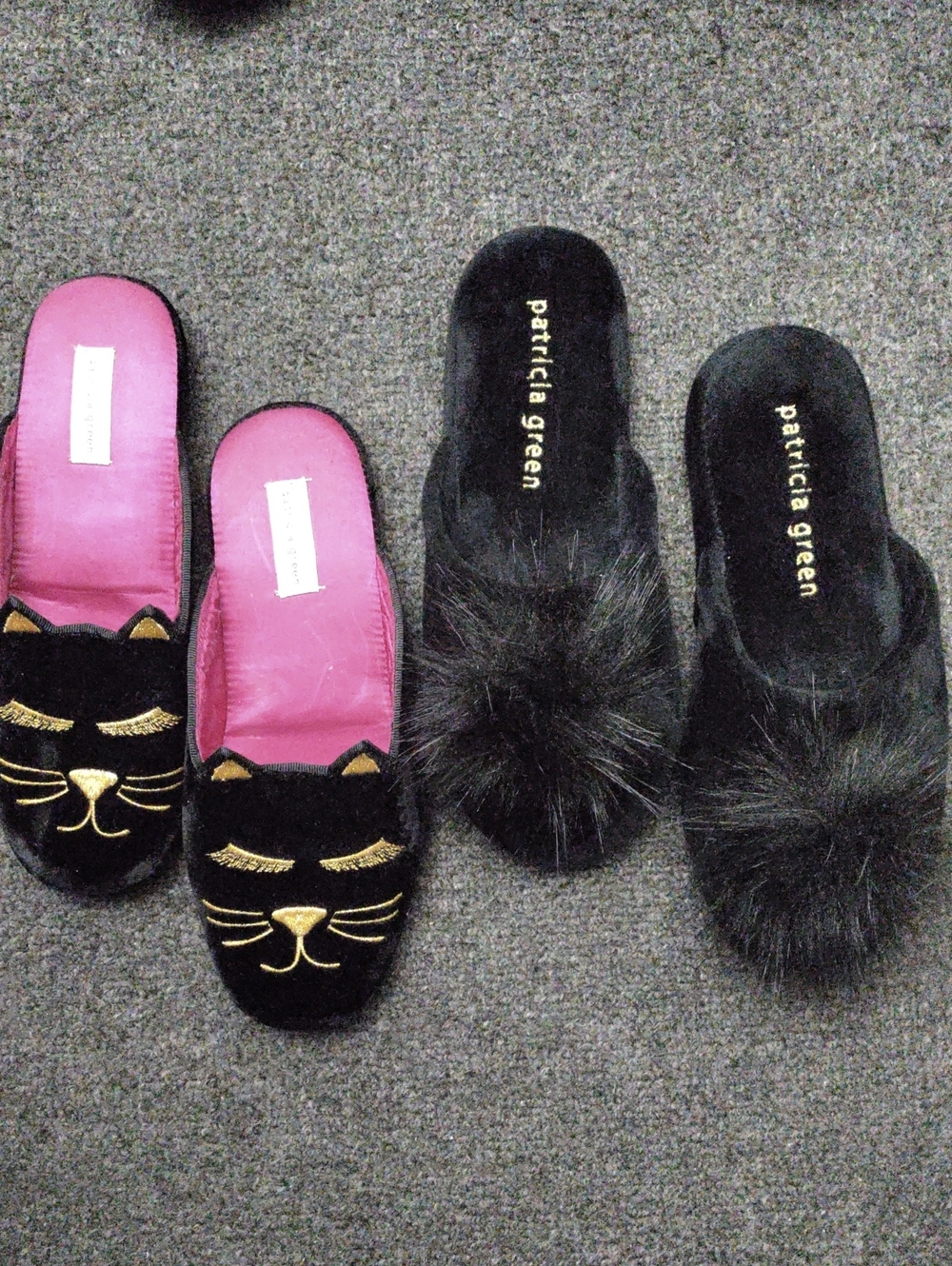 Patricia Green Black Faux-Fur Pom and Cat-Embroidered Slip-On Slippers